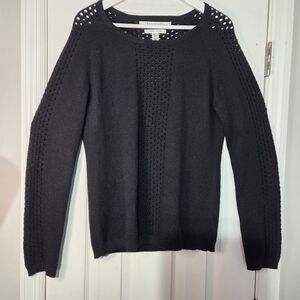 Max Studio Cashmere Black Open-Weave Crewneck Sweater Womens Large